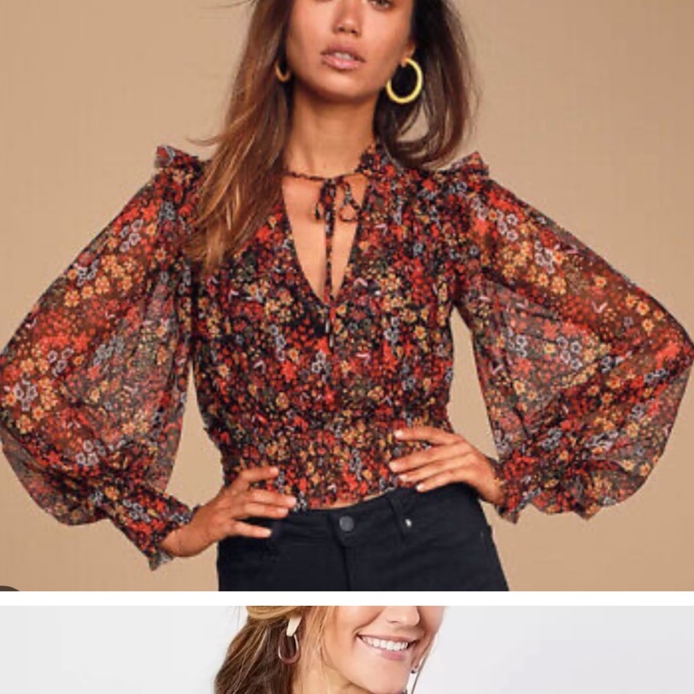 FREE PEOPLE Twyla Print Top Red Yellow Floral Chiffon Ruffles Shoulder Blouse XS